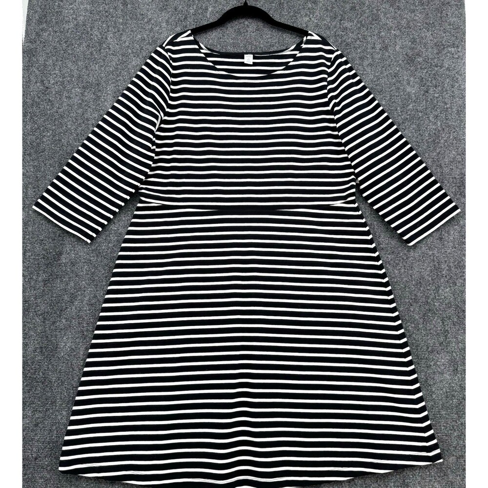 Old Navy Black White Striped Dress Sz 1X 3/4 Sleeve A-Line Stretch Nautical NWT